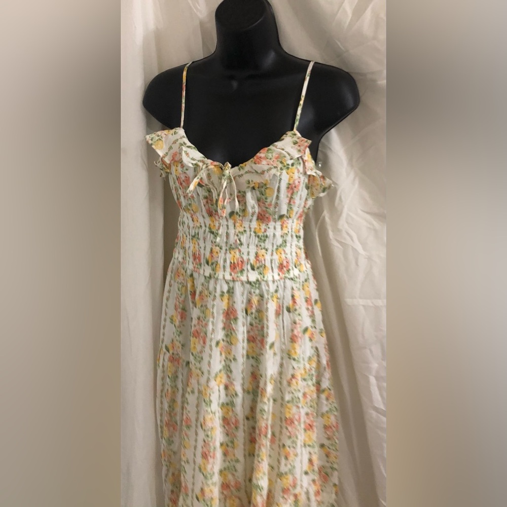 Trixxi floral yellow citrus print garden ruffle bust smocked dress size Small - Picture 12 of 16